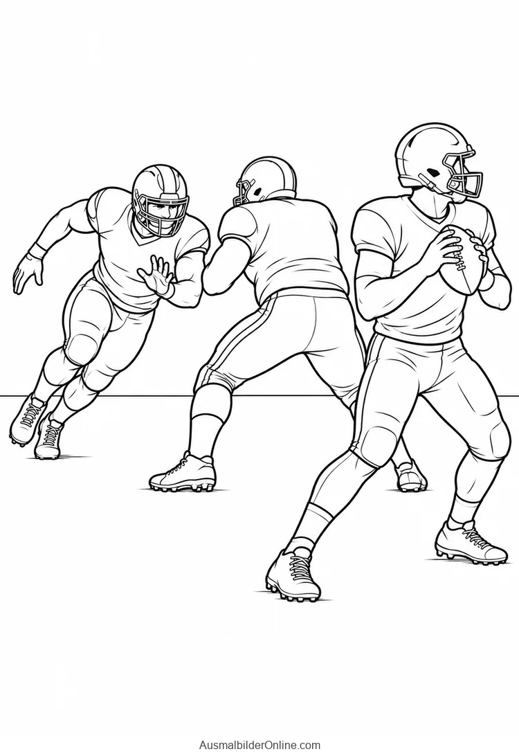 Ein Quarterback hält einen Football mit beiden Händen, während zwei Spieler hinter ihm blocken