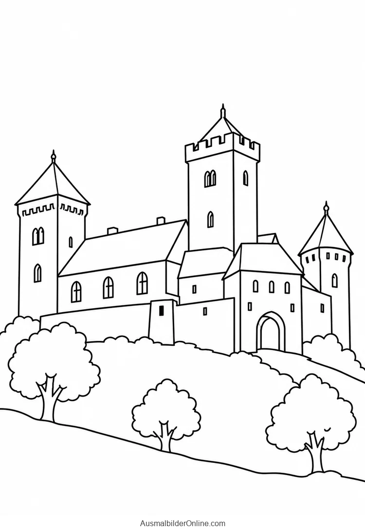 Eine stilisierte Burg mit hohen Türmen und Mauern steht auf einem bewaldeten Hügel