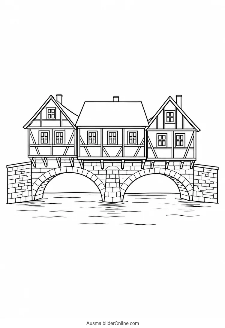 Fachwerkhäuser stehen auf einer steinernen Bogenbrücke über dem Fluss