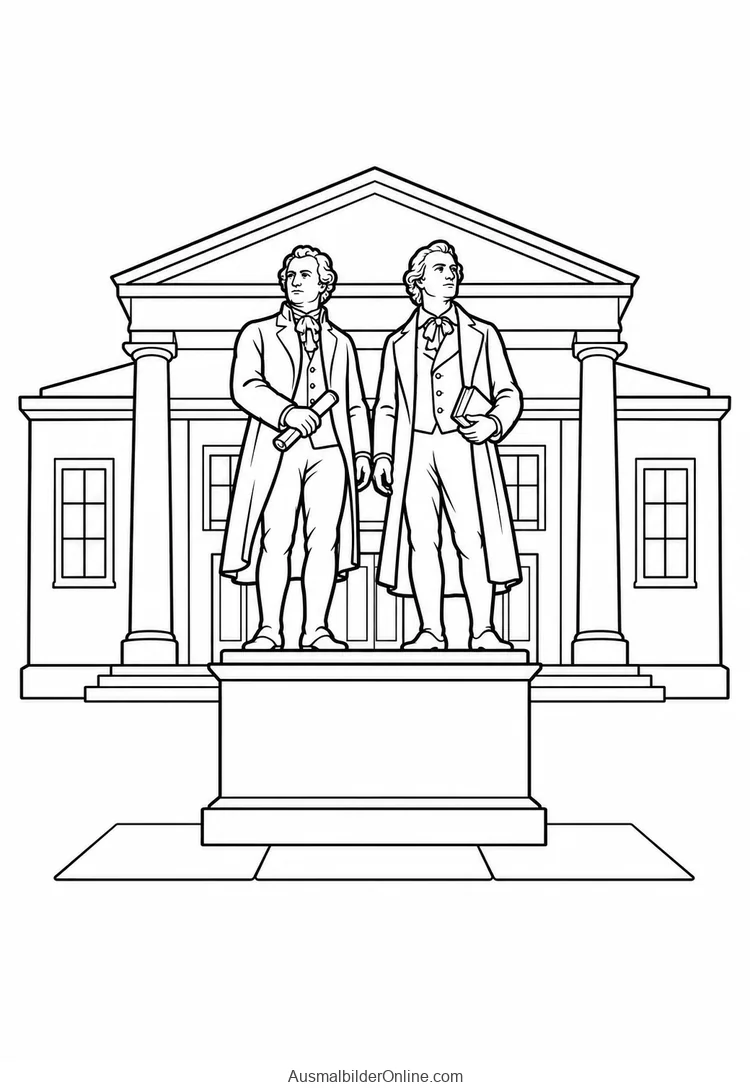Ein Doppelstandbild steht vor einer Theaterfassade mit Säulen und Dreiecksgiebel