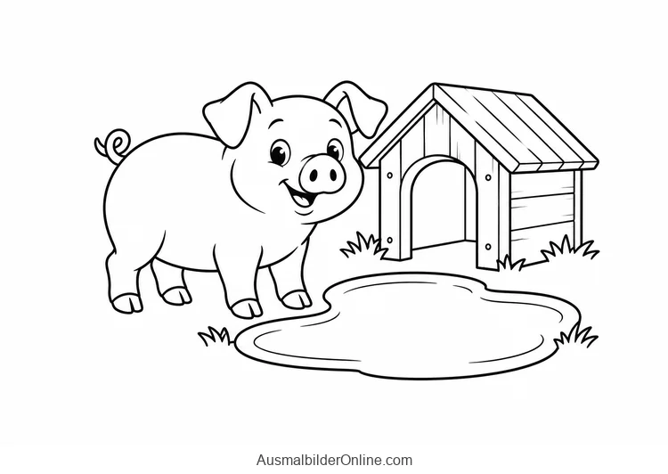 Ein Schwein steht neben einer runden Pfütze vor einem kleinen Stall.