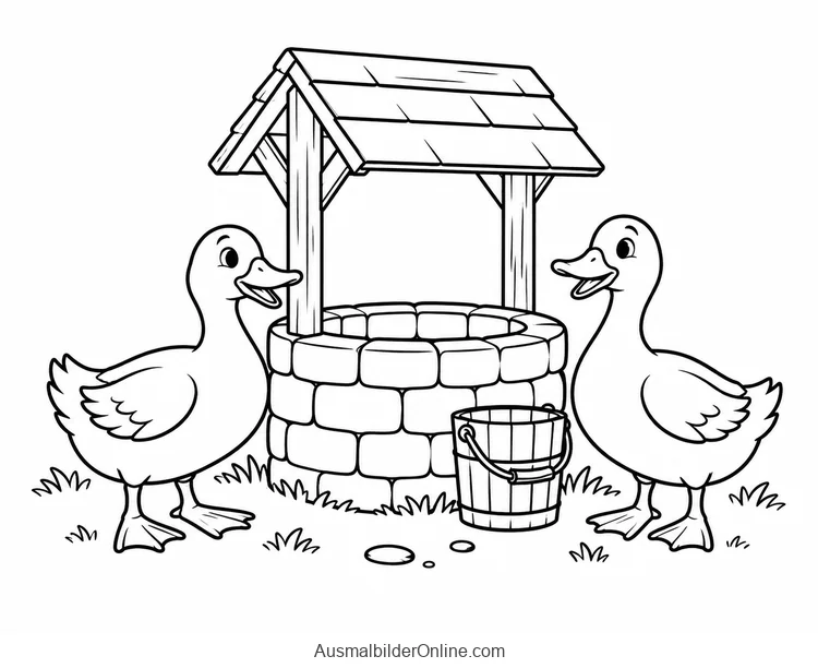 Zwei Enten stehen an einem steinernen Brunnen; daneben steht ein Eimer.