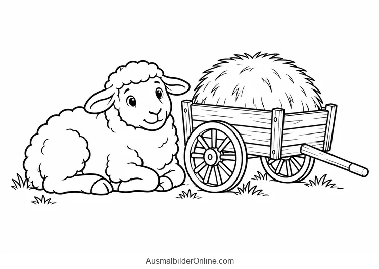 Ein ruhendes Schaf liegt neben einem Heuwagen mit zwei Rädern und einem Griff.