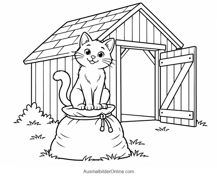 Eine Katze sitzt auf einem Futtersack vor der offenen Tür einer Scheune.