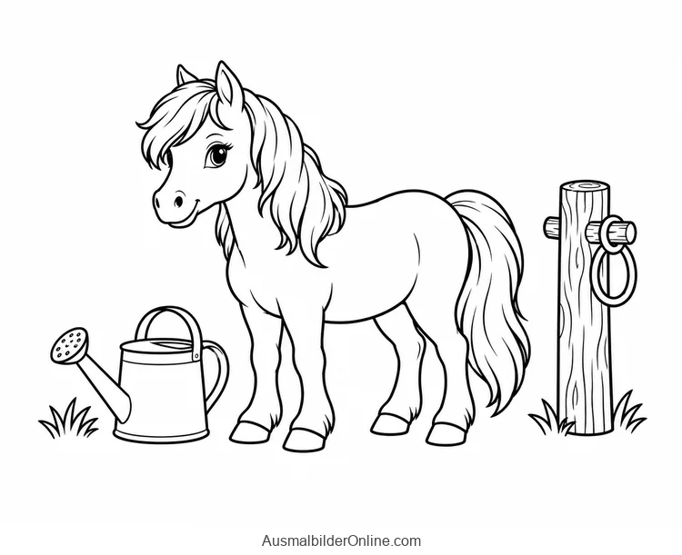 Ein Pony steht neben einer Gießkanne und einem Holzpfosten mit Ring.