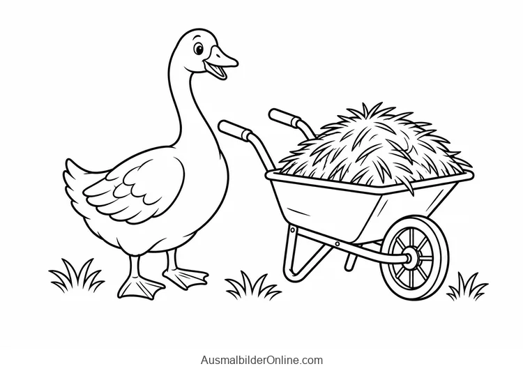 Eine Gans steht neben einer Schubkarre, die mit Heu gefüllt ist.