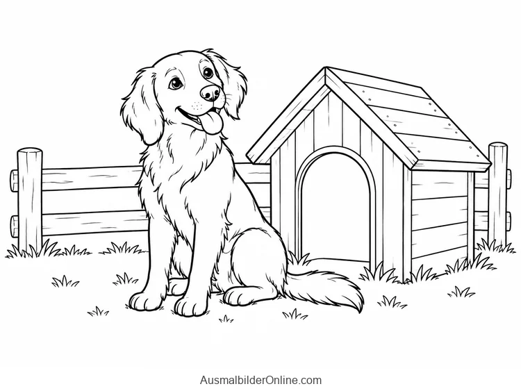Ein Hofhund sitzt neben seiner Hundehütte vor einem kurzen Bauernhofzaun.