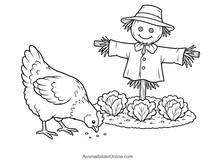 Ein Huhn pickt neben einer einfachen Vogelscheuche am Rand eines Gemüsebeets.