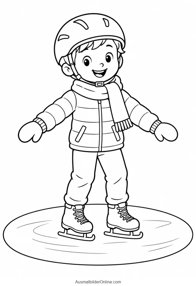 Ein Kind mit Helm steht mit beiden Schlittschuhen auf einer kleinen Eisfläche