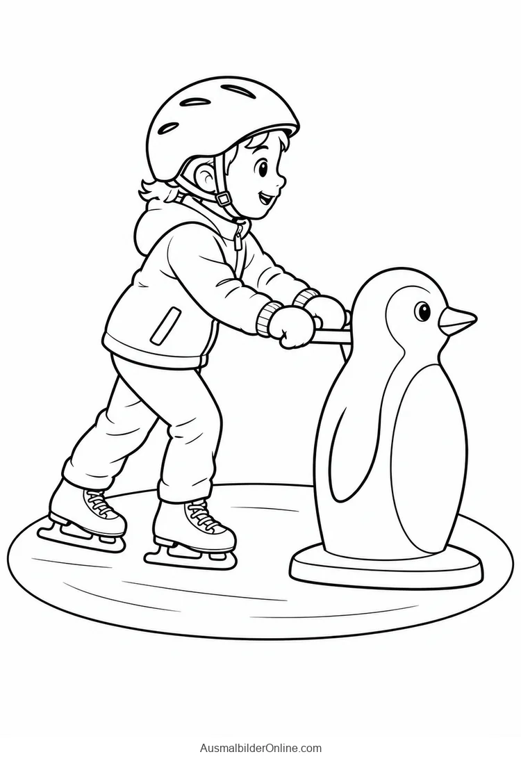 Ein Kind mit Helm schiebt eine pinguinförmige Eislaufhilfe vor sich her