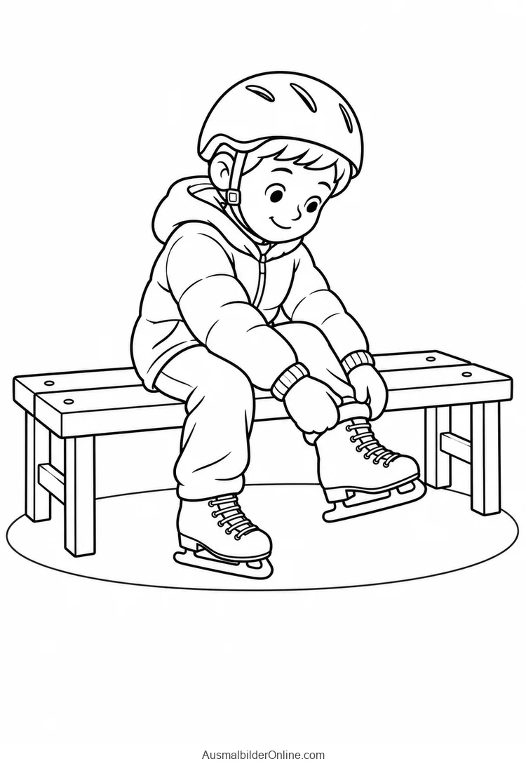 Ein Kind sitzt auf einer Bank und zieht einen Schlittschuh an