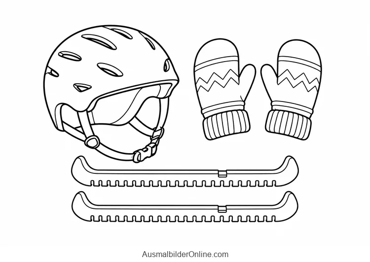 Ein Eislaufhelm liegt neben zwei Handschuhen und zwei Kufenschonern