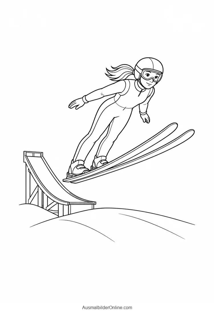 Eine Skispringerin mit Helm und Brille gleitet mit zwei Skiern über eine Schanze