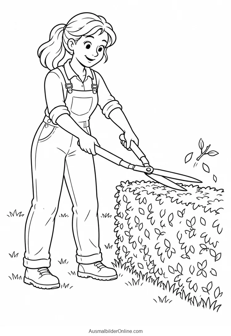 Eine Frau schneidet eine Hecke mit einer zweihändig gehaltenen Heckenschere