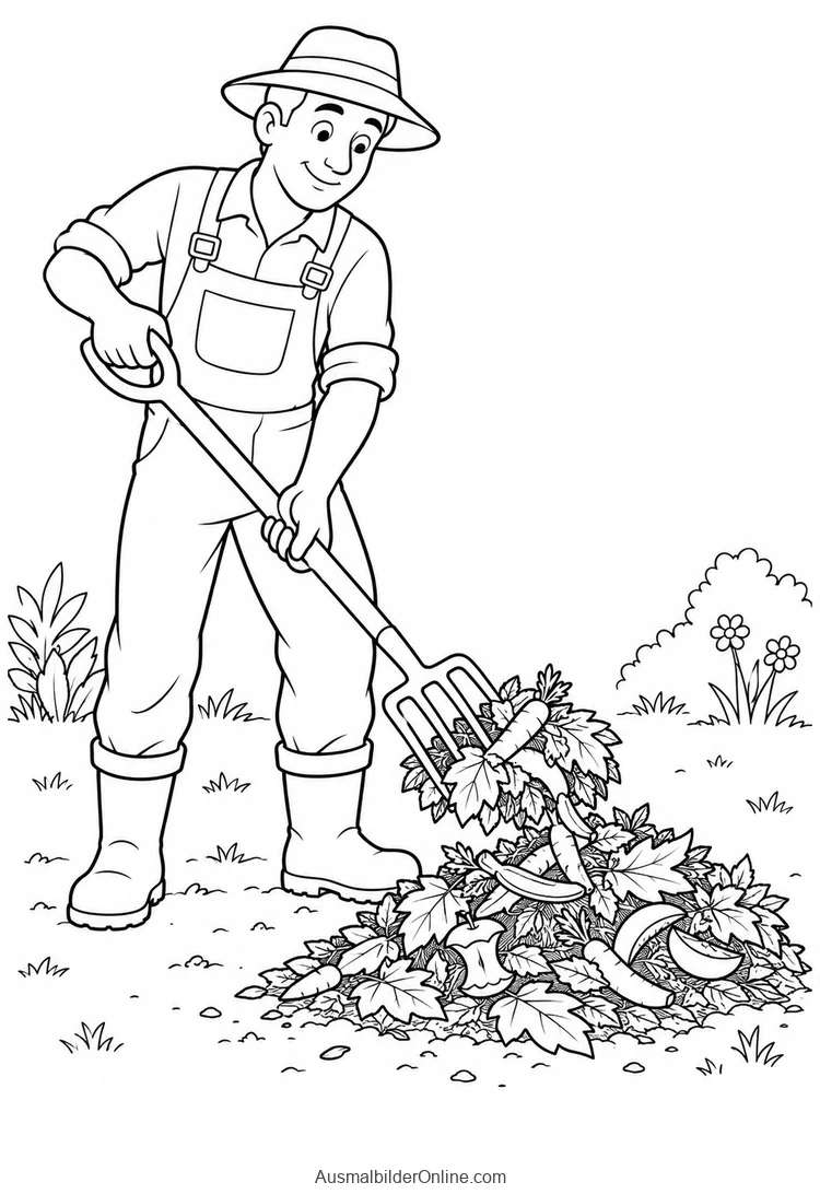 Ein Mann setzt Gartenabfälle auf einem Komposthaufen mit einer Gartengabel um