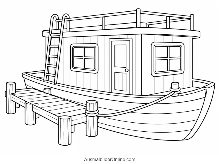 Ein Hausboot mit einer kleinen Dachterrasse liegt an einem Holzsteg