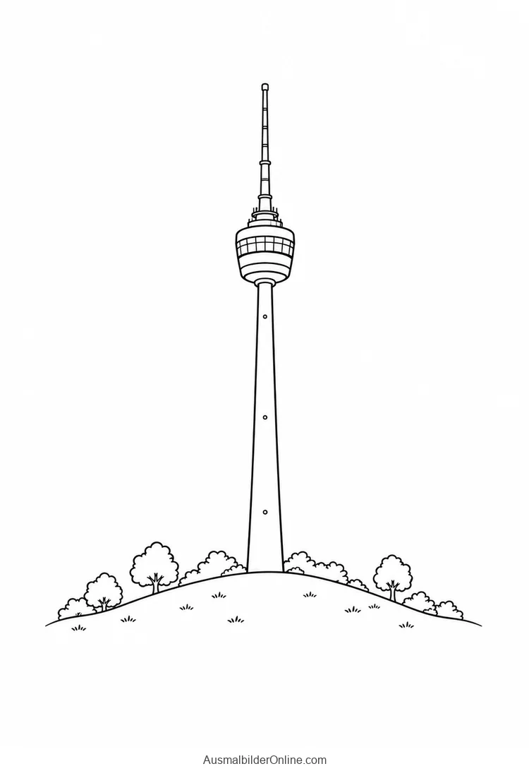 Stuttgarter Fernsehturm mit Turmkorb und Antenne auf einem bewaldeten Hügel