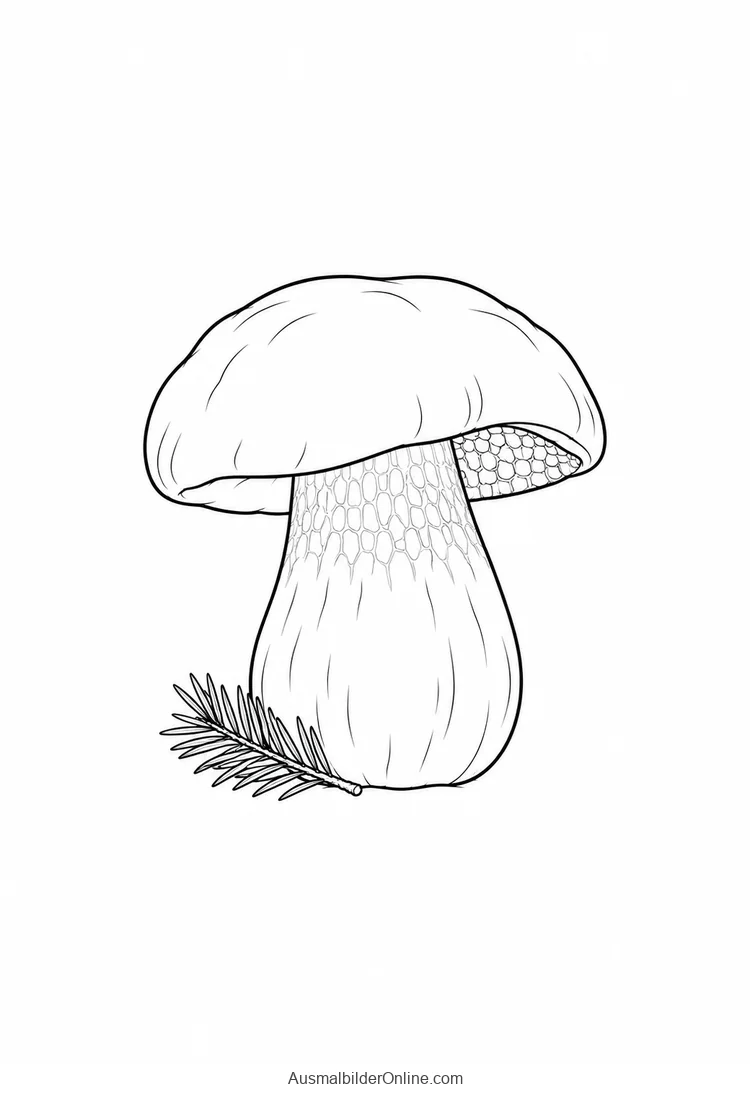 Steinpilz mit breitem polsterförmigem Hut und kräftigem Stiel auf Waldboden