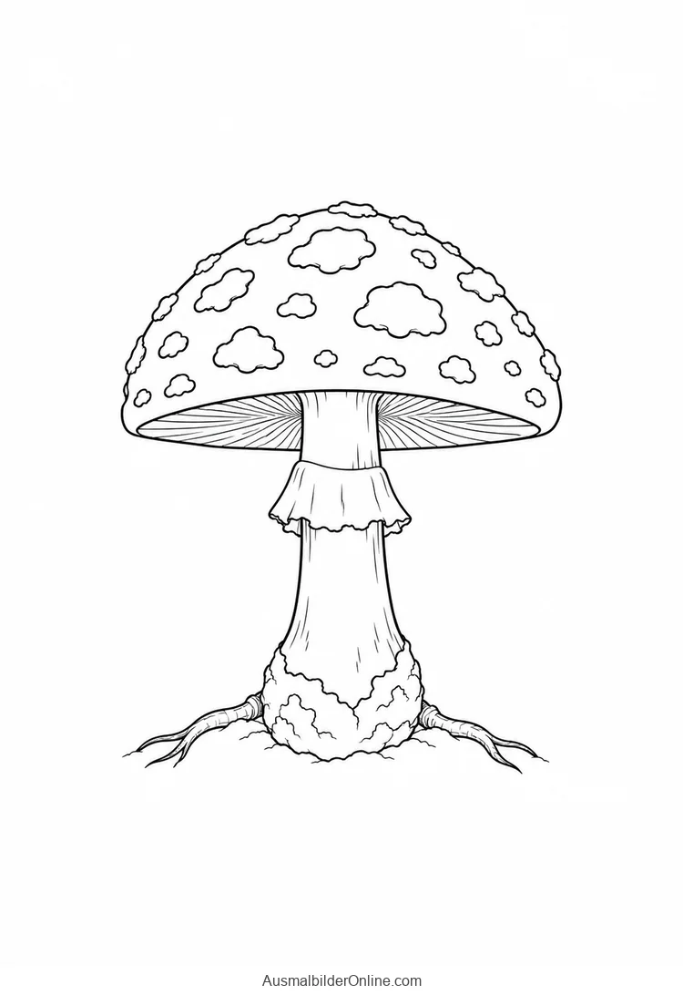 Fliegenpilz mit geflecktem Hut, Stielring und knolliger Basis