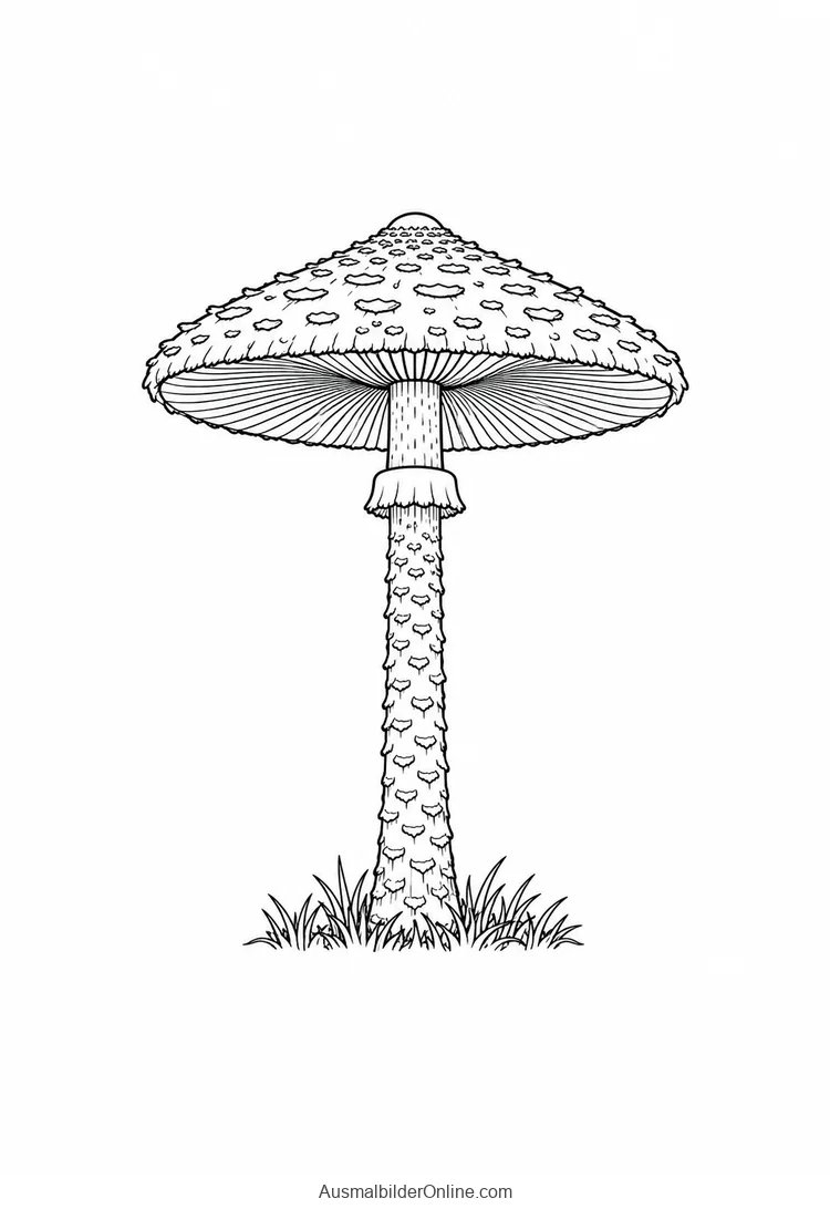 Parasolpilz mit breitem Schirmhut, Stielring und schlankem gemustertem Stiel