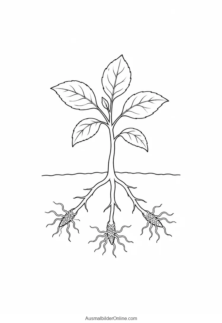 Schematische Wurzelansicht eines kleinen Baums mit umhüllendem Pilzmyzel