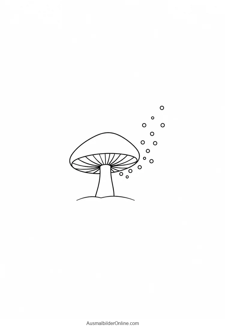 Pilz mit sichtbaren Lamellen und seitlich dargestellten kleinen Sporen