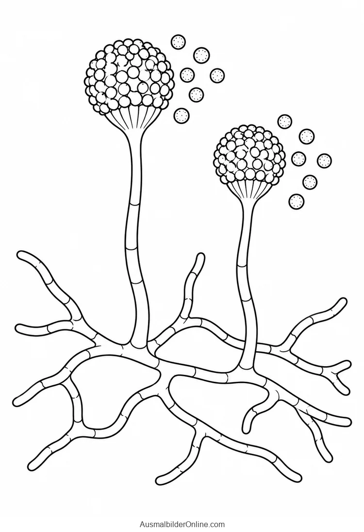 Schematisches Hyphengeflecht mit zwei Sporenträgern und einzelnen Sporen