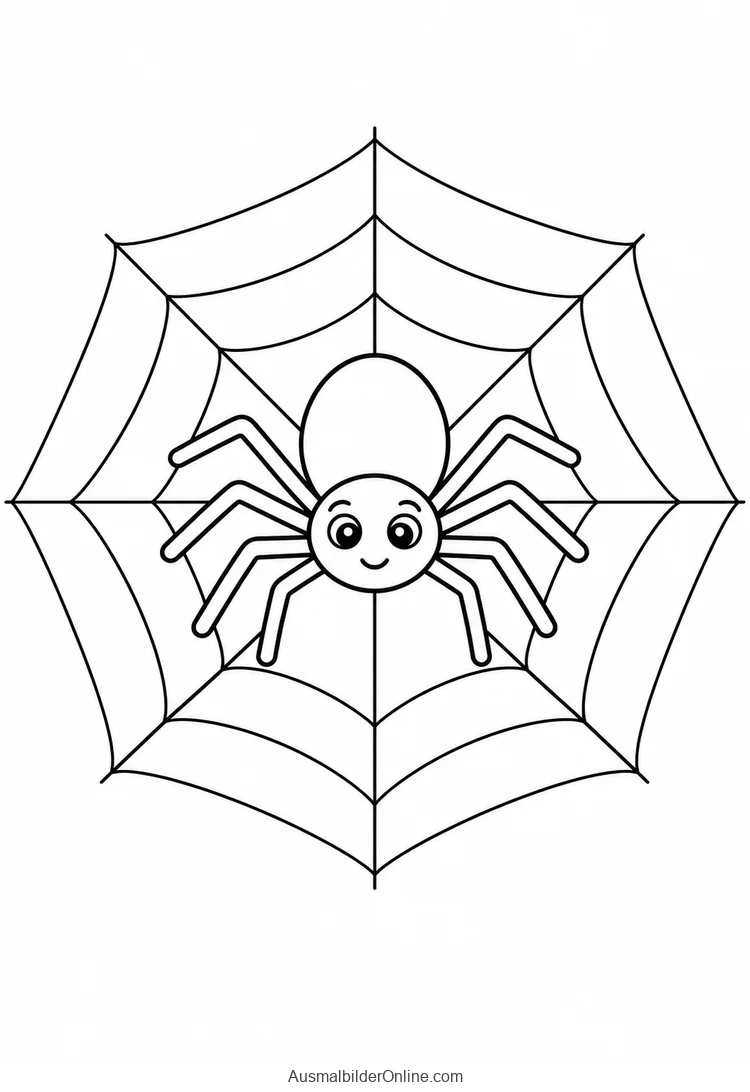 Lächelnde Spinne mit acht Beinen sitzt in einem breiten Spinnennetz