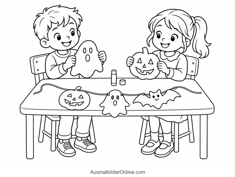 Zwei Kinder basteln am Tisch eine Papiergirlande mit Kürbis, Geist und Fledermaus