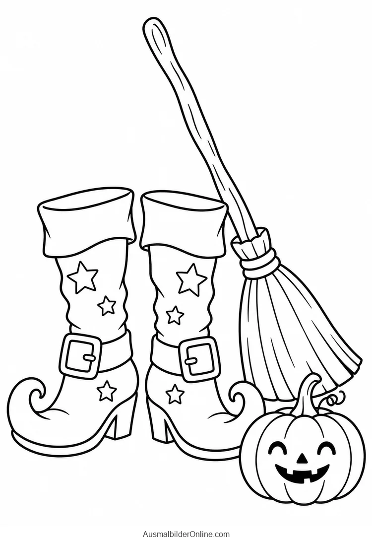 Zwei Hexenstiefel stehen neben einem Besen und einem lächelnden Kürbis