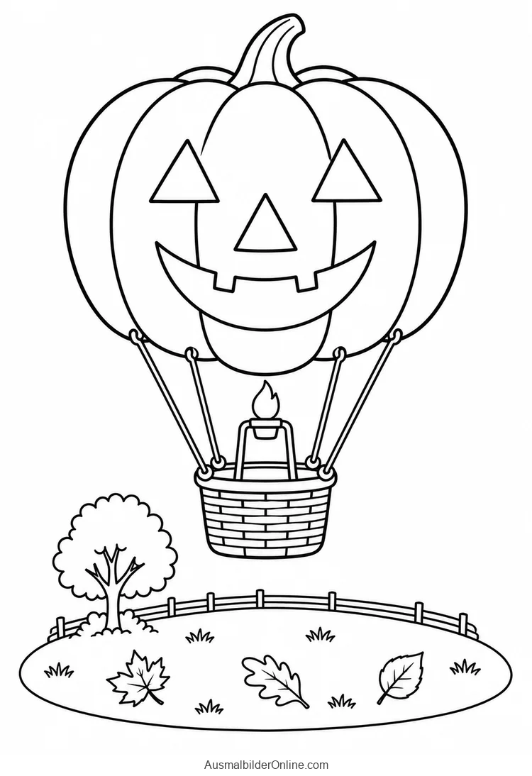 Kürbisförmiger Heißluftballon mit Korb schwebt über einer kleinen Herbstwiese