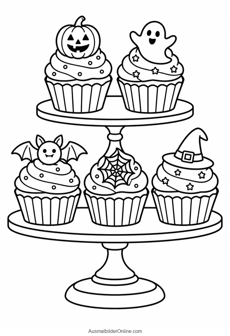 Fünf Muffins mit Halloweenverzierungen stehen auf einer zweistöckigen Etagere