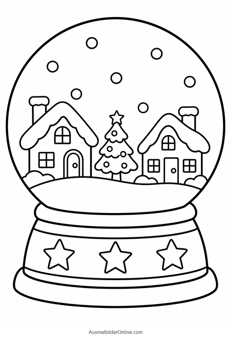 Schneekugel mit zwei Häusern und Weihnachtsbaum auf einem Sockel mit drei Sternen
