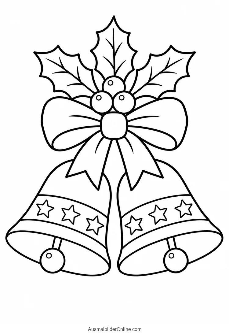 Zwei Weihnachtsglocken mit Sternmustern, Schleife und Stechpalmenblättern