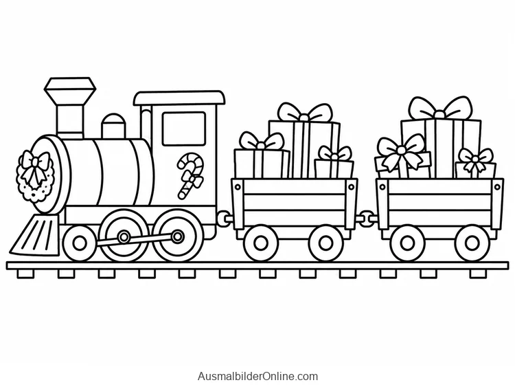 Weihnachtszug mit Lokomotive und zwei Wagen voller Geschenkpakete