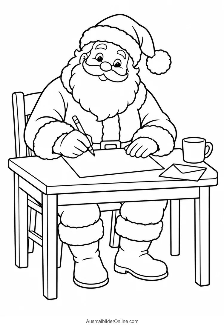 Weihnachtsmann schreibt auf ein leeres Blatt neben Briefhülle und Tasse