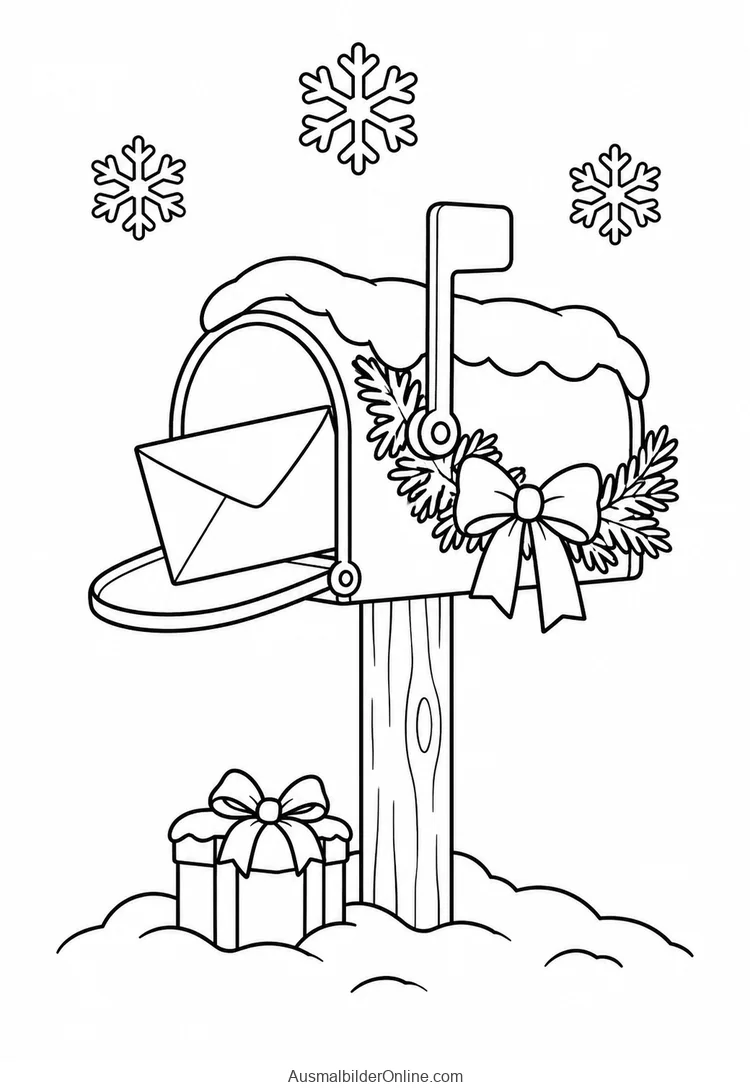 Verschneiter Briefkasten mit geöffneter Klappe, Brief und Geschenk am Pfosten