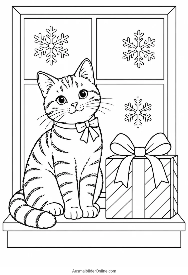Getigerte Katze mit Schleife sitzt neben einem Geschenk auf einer Fensterbank