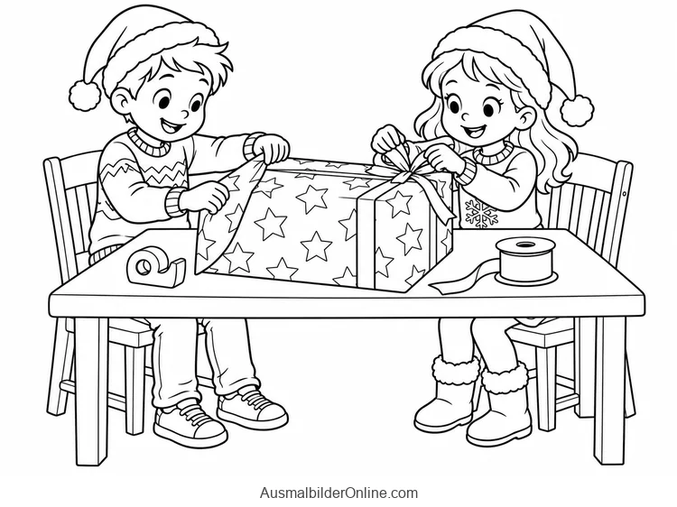 Zwei Kinder mit Weihnachtsmützen verpacken gemeinsam ein Geschenk am Tisch