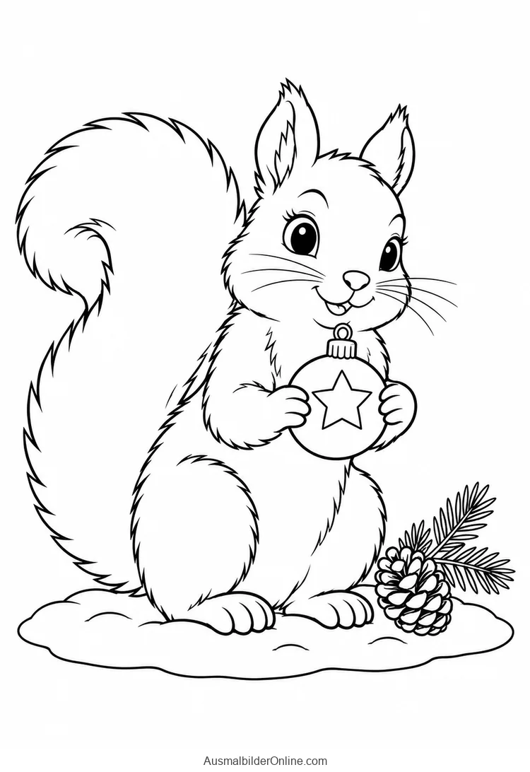 Eichhörnchen hält eine Weihnachtskugel mit Stern neben einem Tannenzapfen