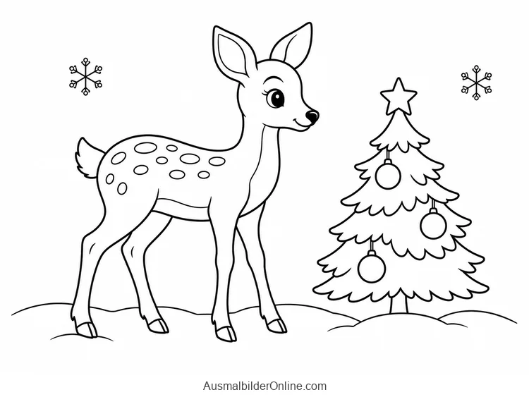 Rehkitz steht im Schnee neben einem Weihnachtsbaum mit drei Kugeln