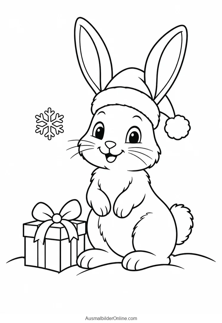 Hase mit Weihnachtsmütze sitzt neben einem Geschenk im Schnee