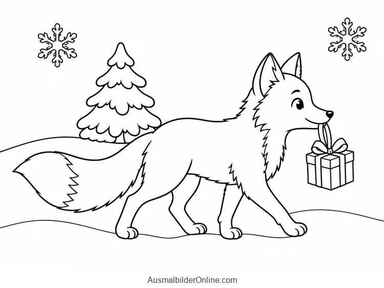 Fuchs trägt ein kleines Geschenk an der Schleife durch den Schnee