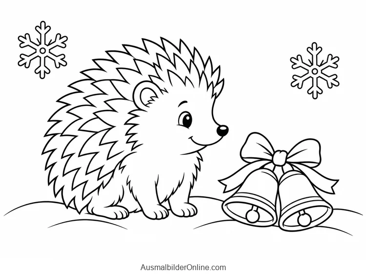 Igel steht neben zwei Weihnachtsglocken mit einer Schleife