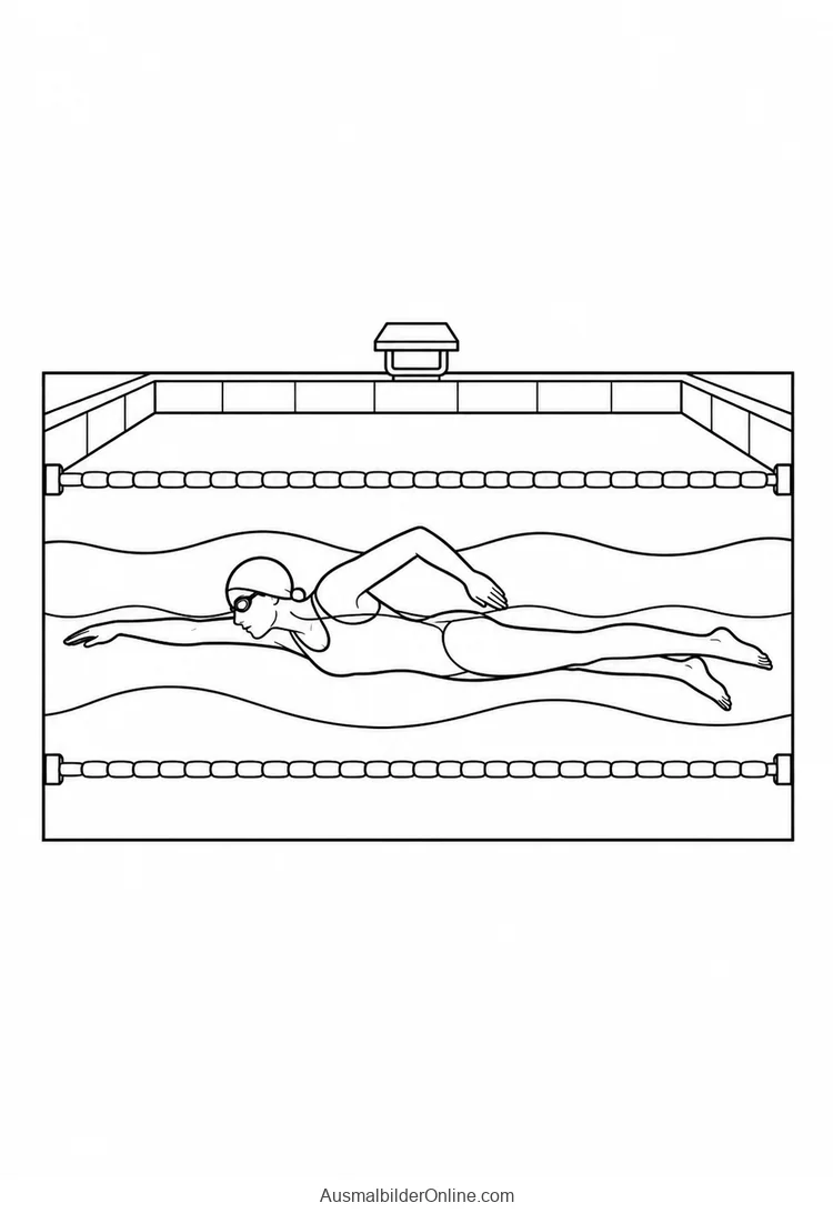 Ein Schwimmer mit Badekappe und Brille schwimmt zwischen Bahnleinen in einem Becken