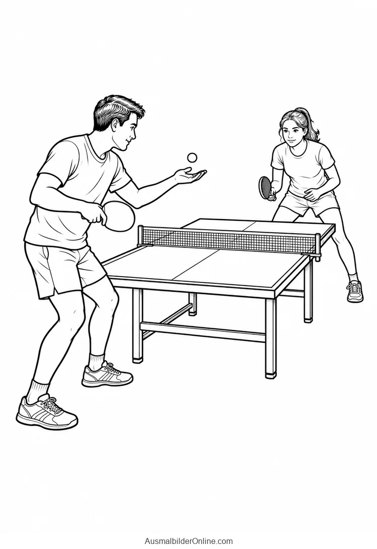 Zwei Personen spielen Tischtennis an einer Platte mit Netz