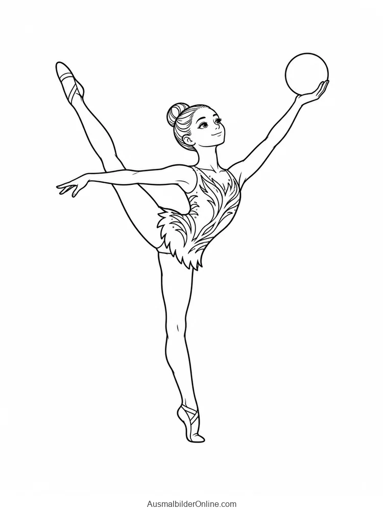 Eine Gymnastin hält einen Ball auf einer Hand und hebt ein Bein seitlich hoch