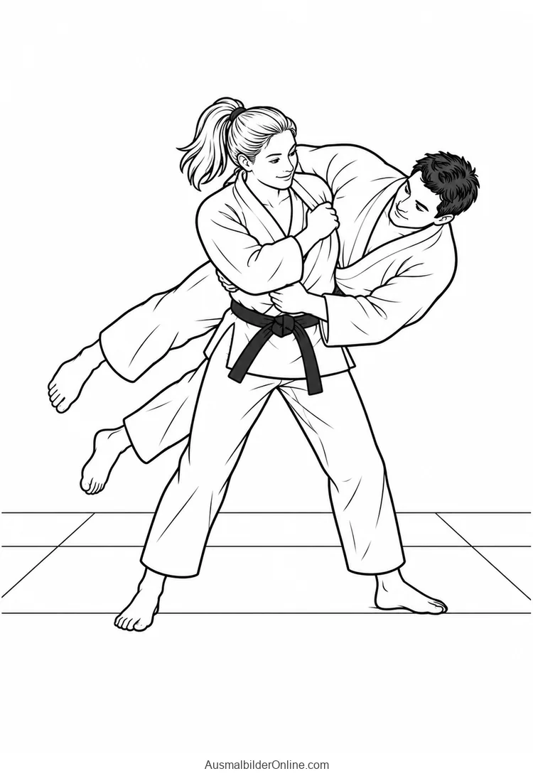 Zwei Judoka im Judoanzug führen einen Wurf auf einer Matte aus