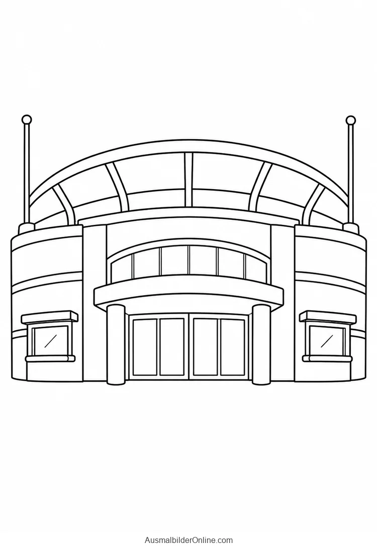 Ein Stadiongebäude hat einen breiten Mitteleingang, Fenster und zwei Fahnenmasten