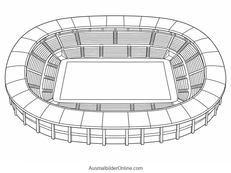 Ein ovales Stadion ist von oben mit Sitzreihen um eine rechteckige Innenfläche dargestellt